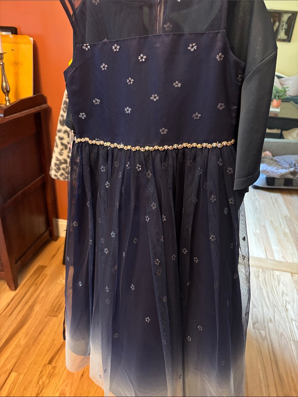 Rare Editions Navy Blue Tulle Dress with Beaded Waist